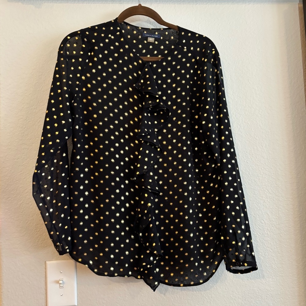 Tommy Hilfiger Black Ruffle Blouse with Gold Dots Medium